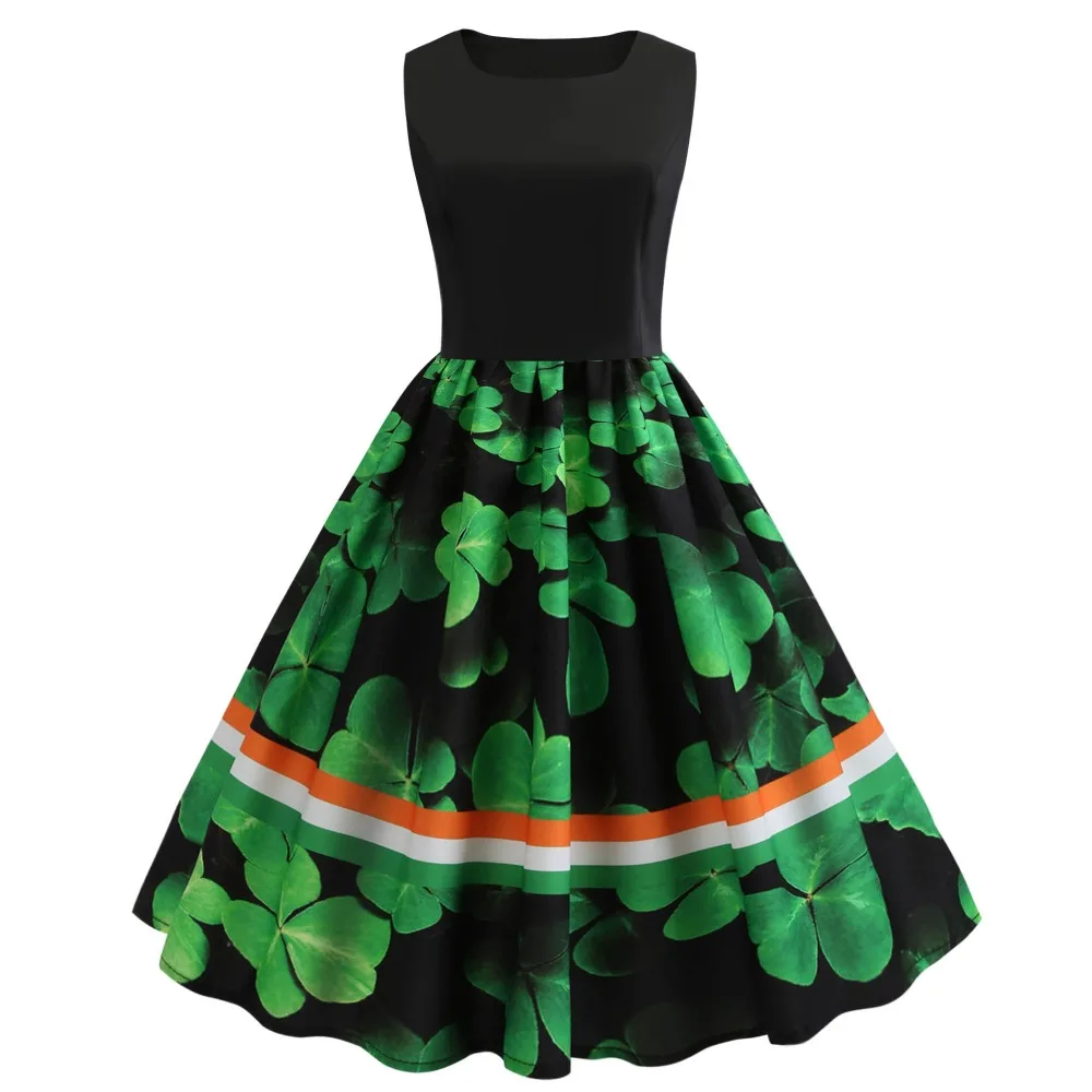 

Women 2019 Saint Patrick Parades Irish St. Patrick's Day Dress Sunday 1950s Vintage Retro Green 3D Stripes Shamrock Clover Dress