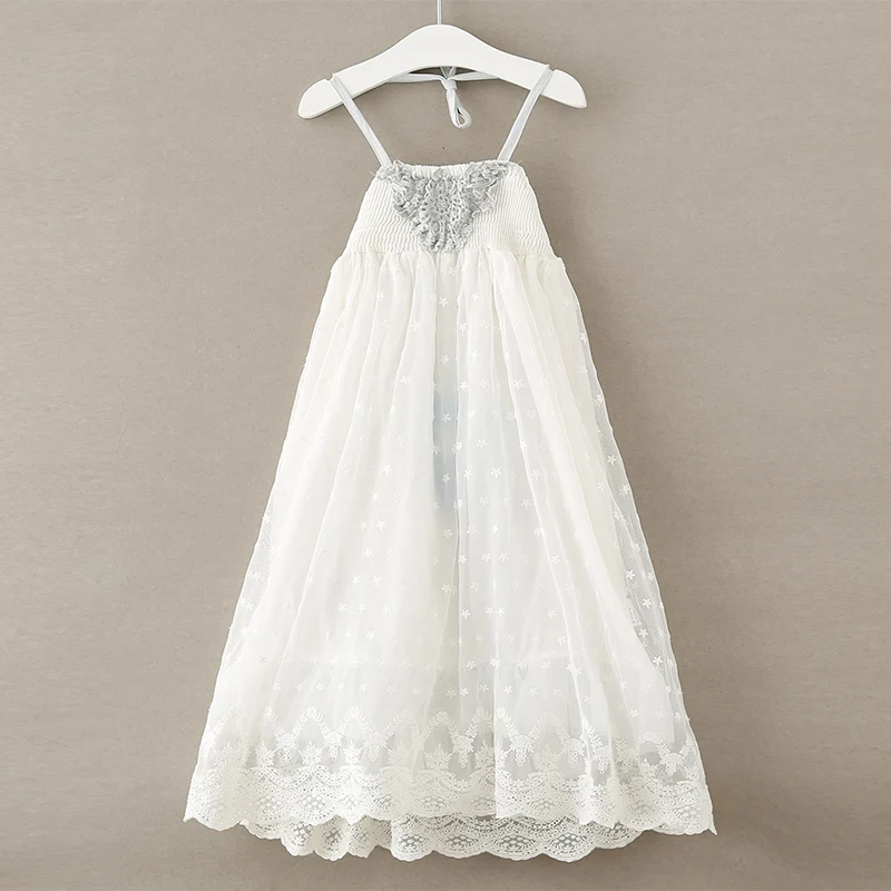 

New Baby Girls Boutique Lace Floral Teenage Summer Sling Dresses, Princess Kids Fairy White Clothing 7 pcs/lot, Wholesale
