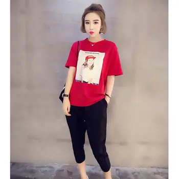 

ROPALIA Two Pieces Set Short Sleeve O Neck Red T Shirts+Elastic Waist Calf-Length Pants Suit Women Clothing Summer Sets