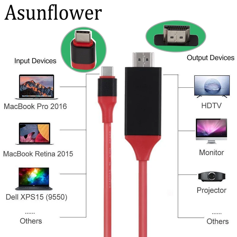 Asunflower USB 3.1 USBC Type C To 4K HDMI HDTV Adapter Cable For Samsung Galaxy S8 Macbook, ChromeBook Pixel,Huawei MateBook Asunflower USB 3.1 USBC Type C To 4K HDMI HDTV Adapter Cable For Samsung Galaxy S8 Macbook, ChromeBook Pixel,Huawei MateBook