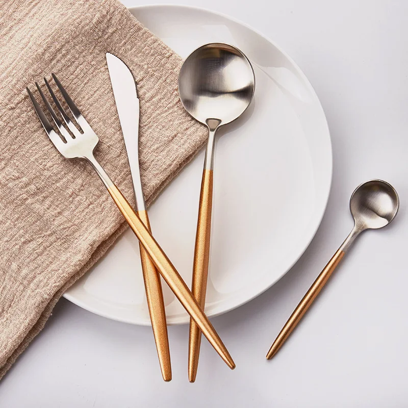 

Hoomall Dinnerware Set Stainless Steel Plating Gold Blue Black Knife Fork Tableware Cutlery White European Western Food Set 4pcs