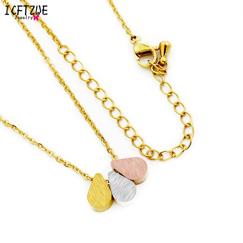 

ICFTZWE Fashion Mandala Jewelry Bridesmaid Gift Rose Gold Colour Chain Kolye Three Waterdrop Statement Necklace Women Silver