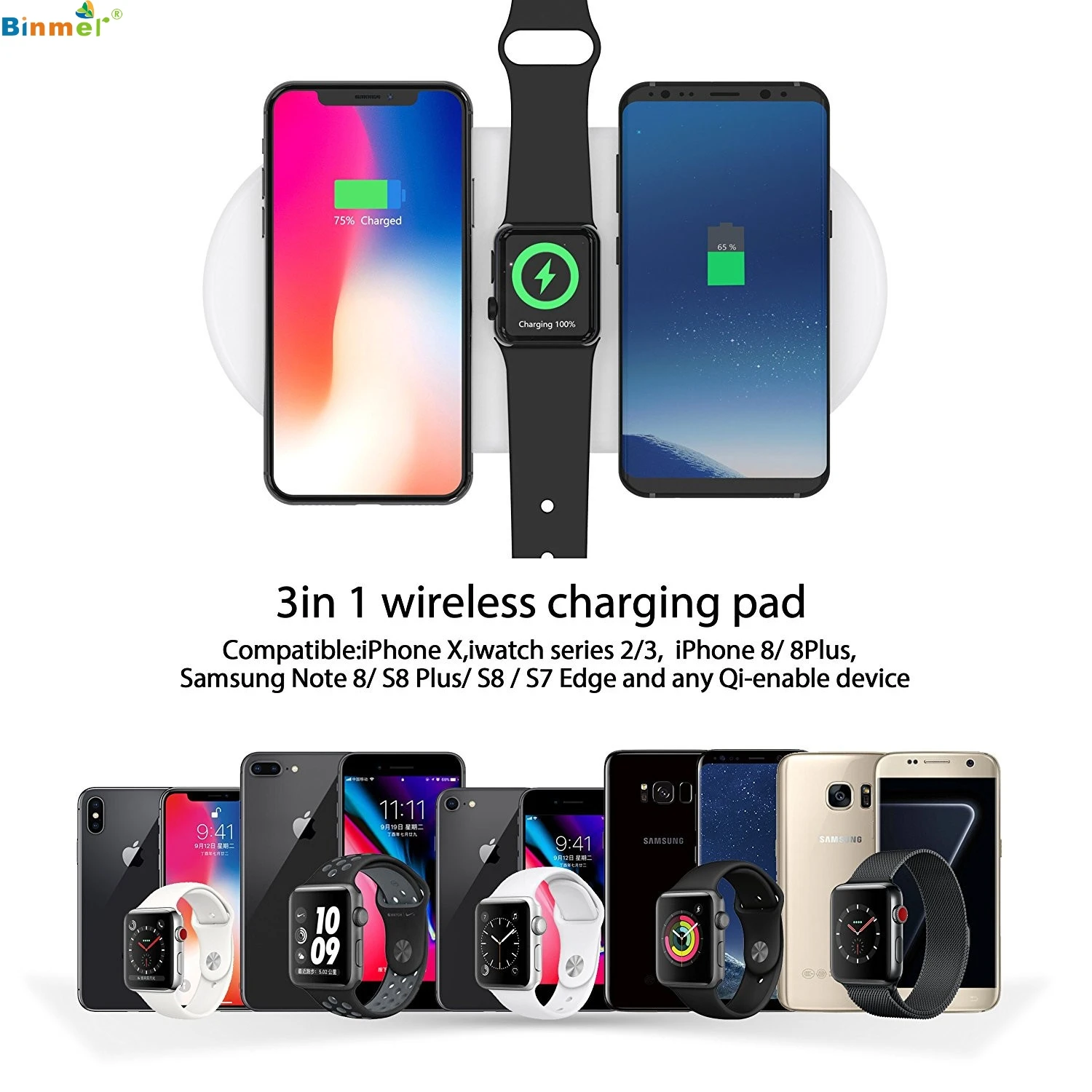 Binmer 3 In1 Smart Fast 0 Вт Стандартный Qi беспроводной зарядное устройство Pad внутреннее разделение дизайн зарядная станция для Apple Watch iPhone X