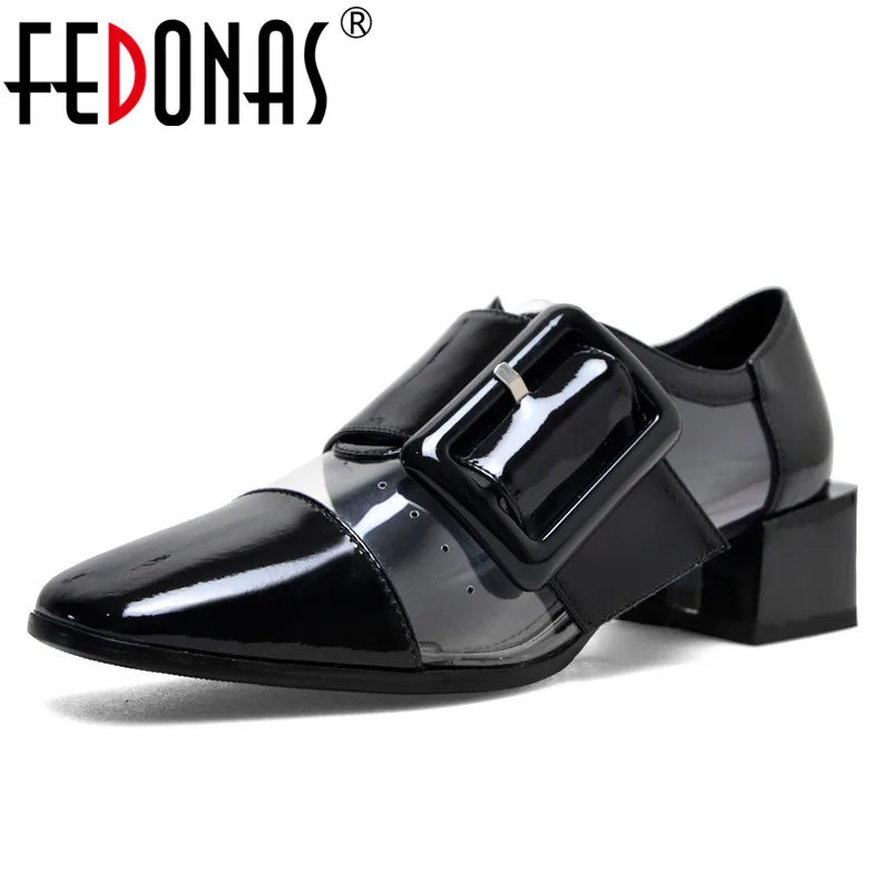

FEDONAS Brand Gladiator Women Square Heeled Pumps Black White Patent Leather Buckels Party Dancing Shoes Woman Rome Pumps
