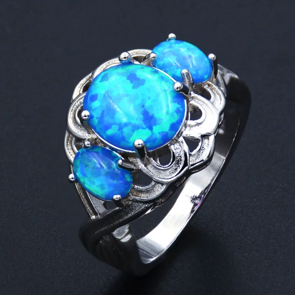 Charming Three Stones Ocean Blue Fire Opal Ring Vintage Giftring