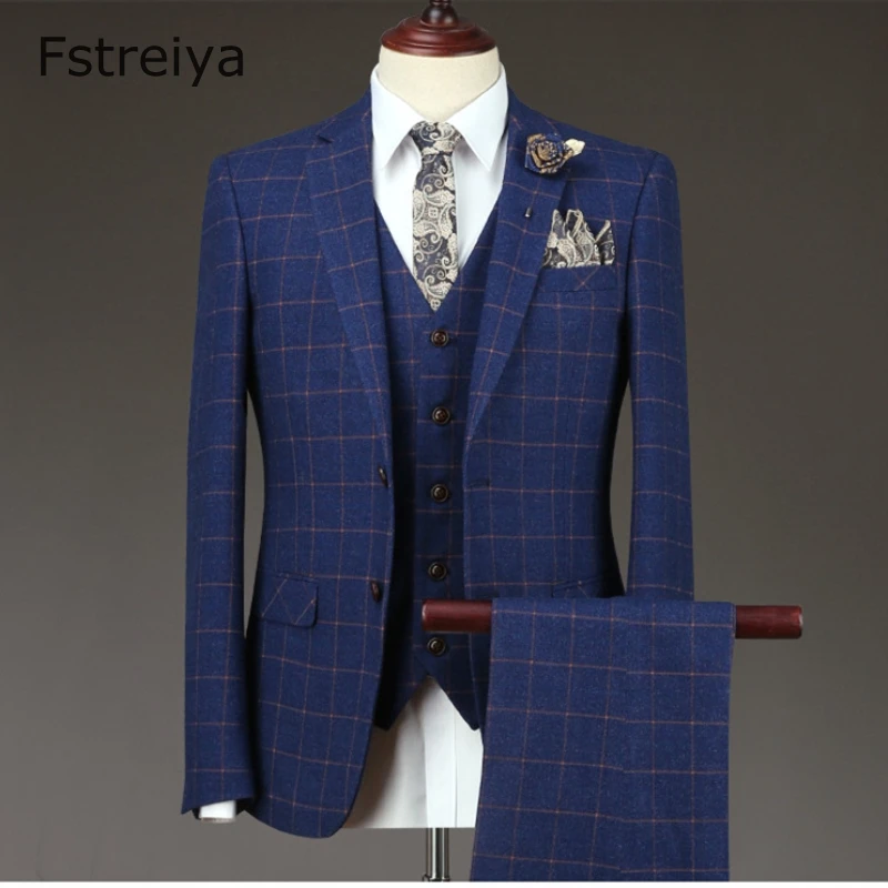 High quality men tailored suit Custom made grid groom slim fit blue suit for wedding customize clothes 3 piece jacket pant vest