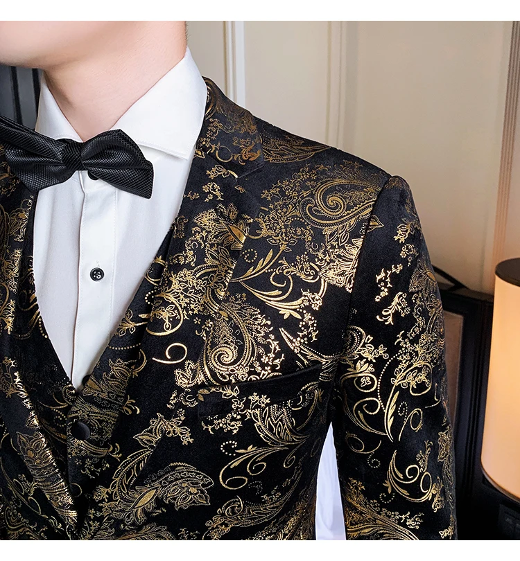 Золотой костюм для мужчин, роскошный бархатный костюм в стиле барокко, Мужской приталенный костюм Mariage Homme, цветочный принт, мужской костюм для выпускного вечера