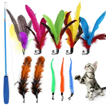 

11pcs/set Funny Pet Feathers Wand Stick Replaceable Heads Teaser Interactive Toys Animal Jumping Train Telescopic Pole