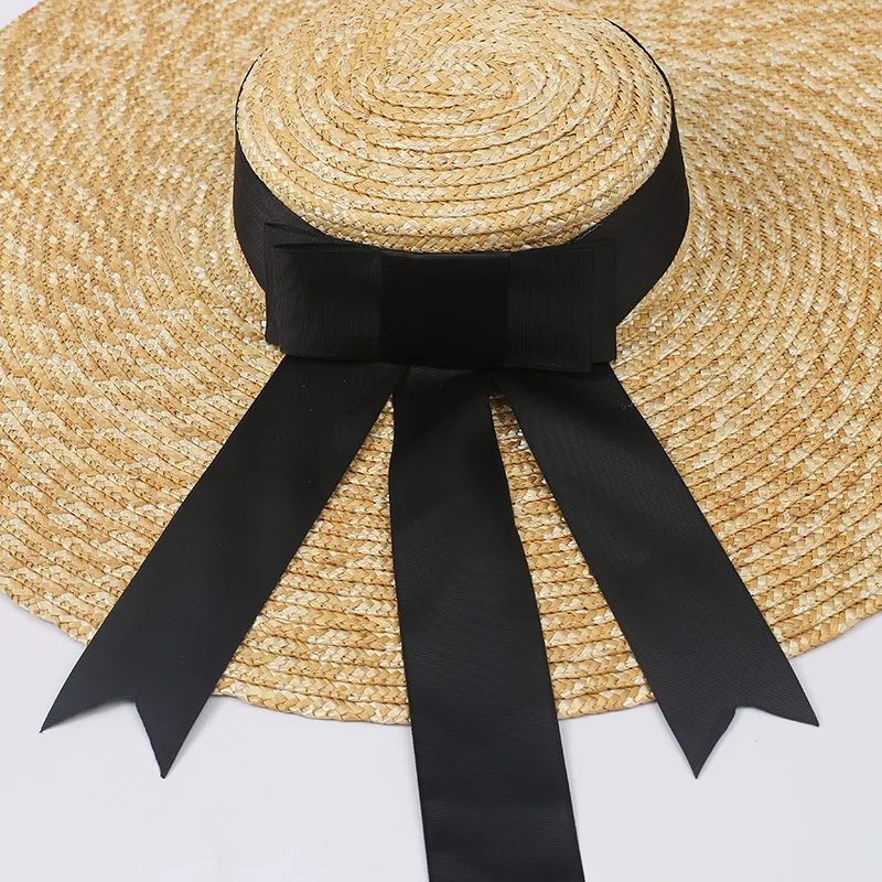 Natural Wheat Straw Hat Ribbon Tie 15CM/18CM Brim Boater Hat Elegant Beach Sun Hat Cap Lady Summer Wide Brim UV Protect Hats