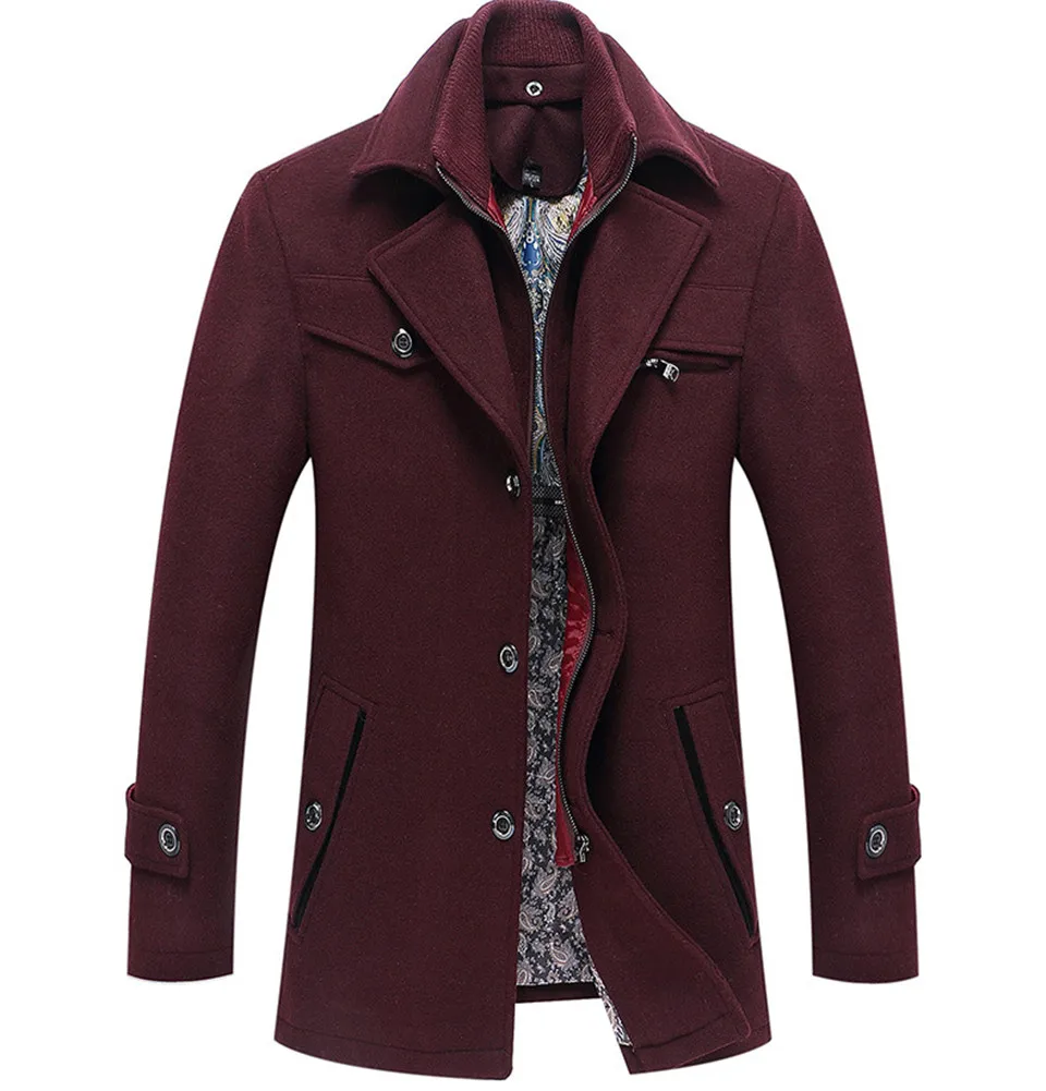 Mens Fashion Boutique Wool Pure Color Business Standing Collar Woolen Dust Coats / Male Quality Slim Leisure Trench Coats