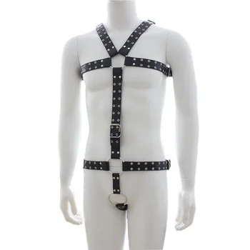 Male Studded Leather Chest & Waist Harness Fetish Wear Set with Metal Crotch Ring Body Building Macho Play Costume