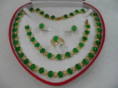 

free shipping>>> women's jewelry green jade gem yellow gold Earring Bracelet Necklace Ring +box NEW