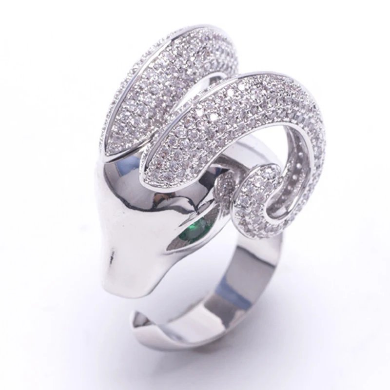 

Hip Hop Big Goat Horn Head Men Ring Pave Setting CZ Green Eye Punk Rock Sheep Satan Worship Baphomet Ring Ice Out Animal Jewelry