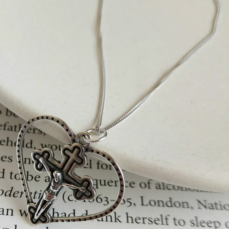 

925 Silver Love Heart Pendant Necklace for Women Vintage Cross Jesus Necklaces Pendant Female Religious Fine Jewelry