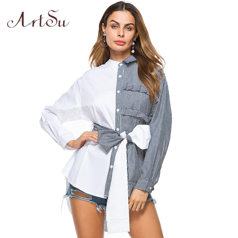 ArtSu otoño coreano de moda arco atado las mujeres blusa a rayas camisa de manga larga asimétrica Tops Blusas Ropa de Mujer ASBL30118 ArtSu otoño coreano de moda arco atado las mujeres blusa a rayas camisa de manga larga asimétrica Tops Blusas Ropa de Mujer ASBL30118