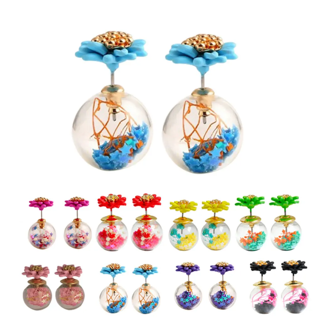 

Hot Sale 1 Pair Time-limited Trendy Women Glass Ball Double-sided Star Flow Earings Flower Stud Earrings Women Stud Earring
