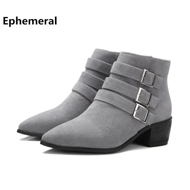

Femininas Ankle Short Boots big size Wedge Heels 34-48 Winter Fur Mid Heel Buckle Strap Zip Booties Women Shoes Pointy Toe Pumps