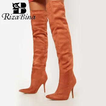 

RizaBina Sexy Women Over Knee Boots Pointed Toe Slip On Thin Heel Shoes Autumn Winter Warm Thigh High Boots Women Size 35-43