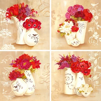 

4 Panels Hanging Uframed Canvas Paintings VASE AND FLOWERS Europe Style Wall Decorative Pictures for Home/Festival/Bar