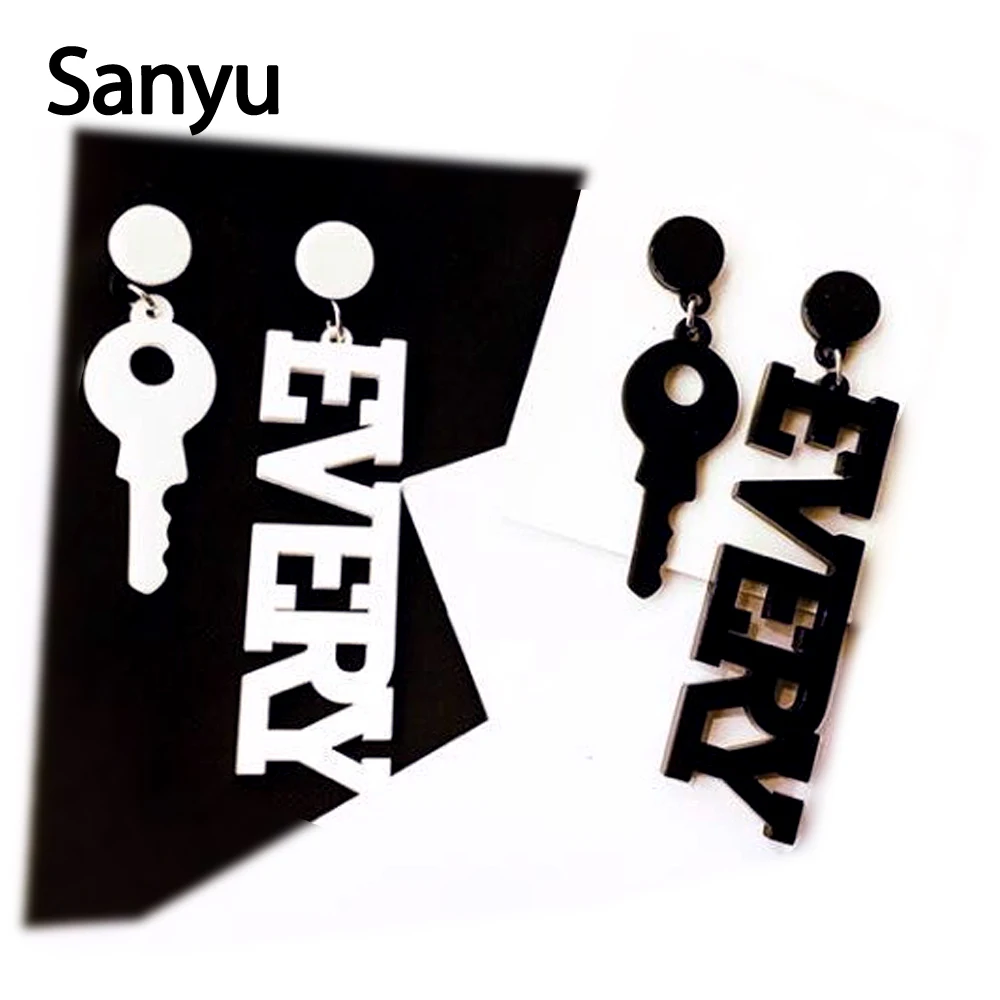 

New Style Asymmetric Key Shape Letters Acrylic Drop Earrings Black White Tassel Long Earrings for Women Cool Hollow Out Earrings