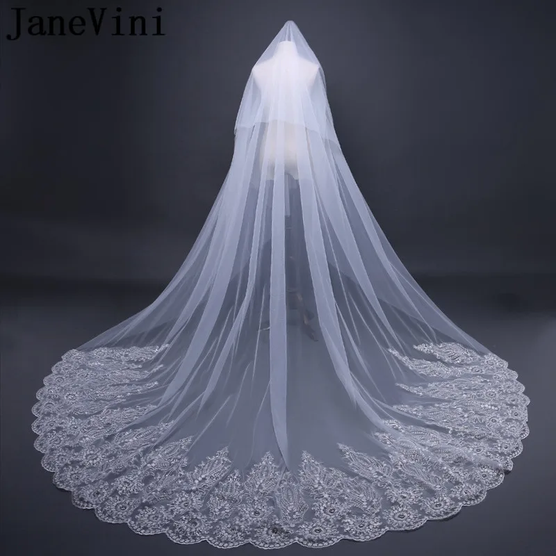 JaneVini Bling Sequins Crystal Wedding Veil With Comb Cover Face Veli Sposa Lace 3m Bride Veil