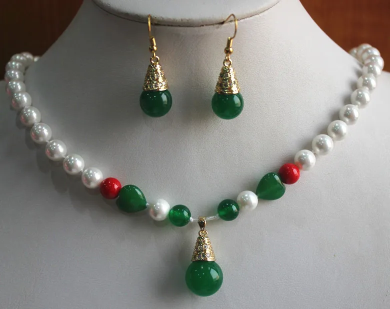 

Hot sell Noble- hot sell new - designed 8mm white shell pear dotted with green jade necklace match 14mm green jade earrings jewe