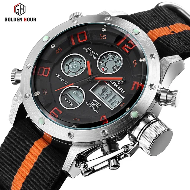 

GOLDENHOUR Sports Military Dual Time LED Digital Watch Men Canvas Strap Date Alarm Multifunction Waterproof Analog Quartz Clock