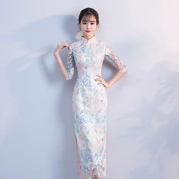 

High Split Sexy Chinese Lady Mandarin Collar Cheongsam 2020 New Novelty Flower Qipao Long Vestidos Elegant Prom Party Dress