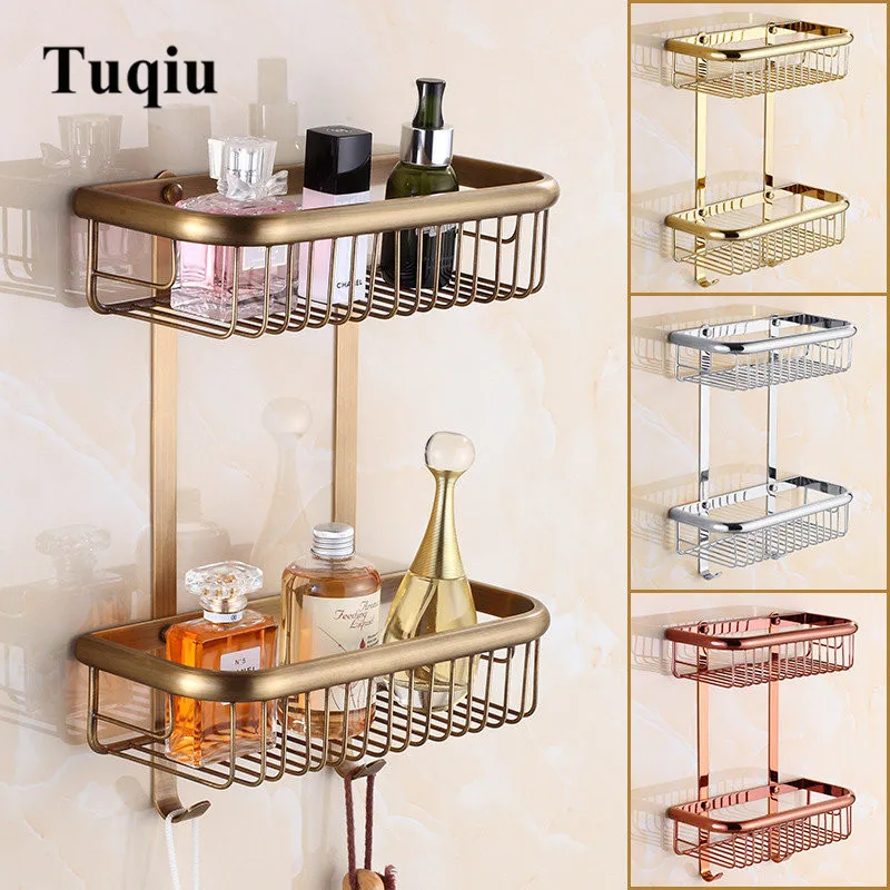 Bathroom Corner Shelf Soap Holder Dual Tier Brass Gold Chrome