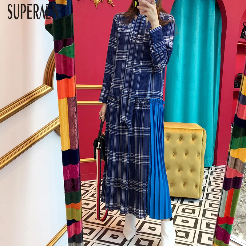 

SuperAen Fashion Women Plaid Dress Long Sleeve Cotton Casual Wild Ladies Long Dress Spring New 2019 Korean Style Women Clothing