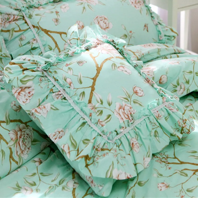

Refresh Green flower print cushion cover big ruffle Lace pillow cover Embroidery layers princess elegant bedding pillow case