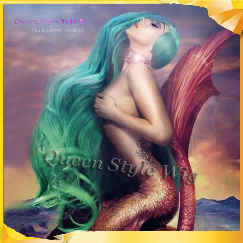 Custom Sexy Lady Gaga Mermaid Blue Green Ombre Hair Wig Half Hand