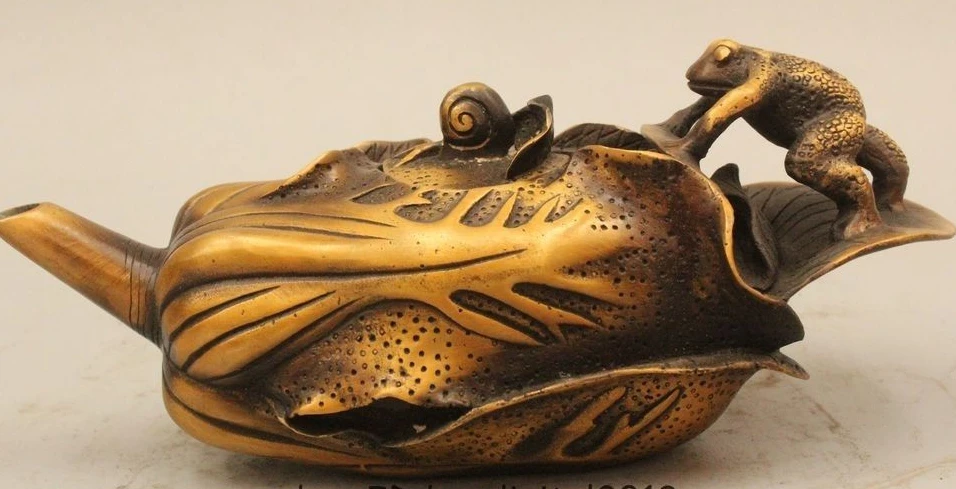 

4" Marked China Chinese Dynasty Copper Cabbage Frog Water Wine Tea Pot Flagon