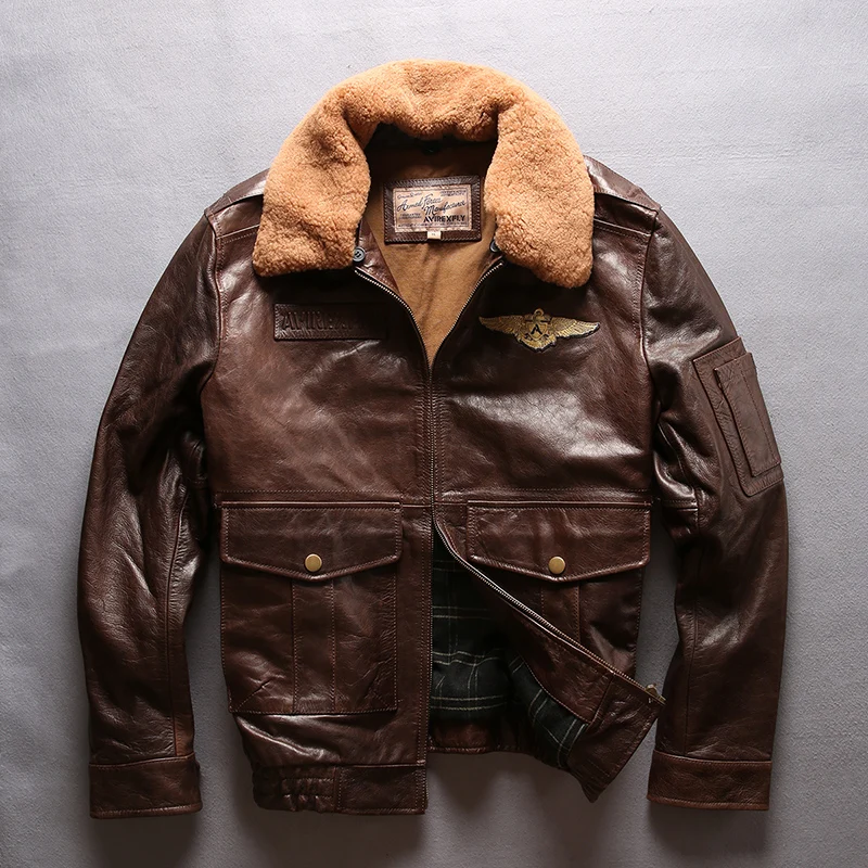 DHL,, Мужская зимняя куртка, толстая, винтажная куртка из бычьей кожи, авиационные силы, полёт G1, пилот, теплый меховой воротник, натуральная кожа, куртка