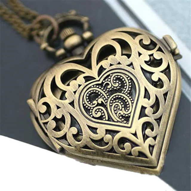 Women Hollow Heart-Shaped Pocket Watch Necklace Pendant Chain Gift Women Fob Wat Women Hollow Heart-Shaped Pocket Watch Necklace Pendant Chain Gift Women Fob Wat