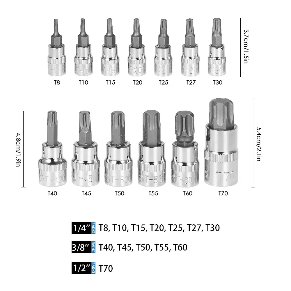 13 шт. хромированная ванадиевая сталь Torx головки для торцового ключа Набор 1/" 3/8" и 1/" инструмент для ремонта привода Набор для гаечный ключ с футляром для хранения