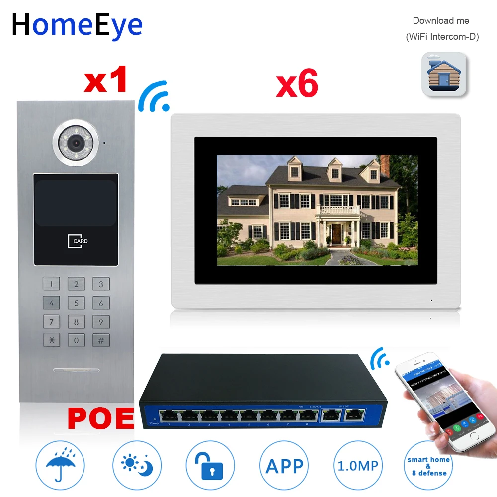 7'' 720P WiFi IP Video Door Phone Video Door Bell 6 Floors Home Access Control System Password/RFID Card +POE Switch iOS Android