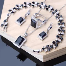 Свадебные новые классические ювелирные наборы из черного кубического циркония для женщин, серебряные ювелирные изделия 925, серьги, браслет, кольцо, ожерелье, набор