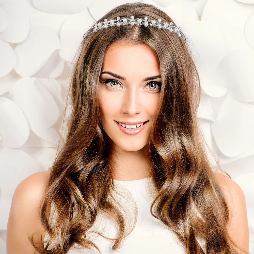 TecUnite 4 Pieces Wedding Party Crystal Flower and Leaves Crown Headband and Women's Faux Pearl Rhinestones Headdress for Bride Bridesmaids (Style Set 1) (5)
