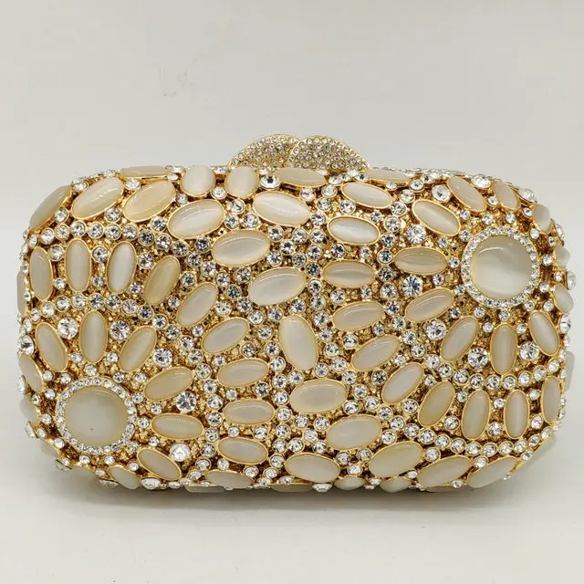 Бутик De FGG выдалбливают Элегантные опаловые кристаллы камней Женская золотистая вечерняя сумочка металлический клатч Minaudiere Сумочка Свадебная вечеринка сумка - Цвет: Gold Evening Bag
