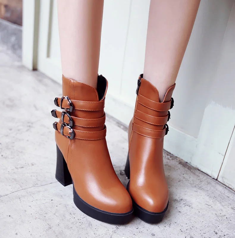 

las mujeres de arranque ocasional plus size 34 to 53 women high quality buckle strap brown boots lady casual pu leather shoes