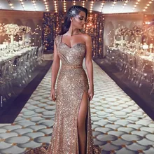 Блестящие одно плечо блесток Русалка платья для выпускного вечера с рюшами Сплит бисерный пояс вечерние платья развертки поезд плюс размер вечернее