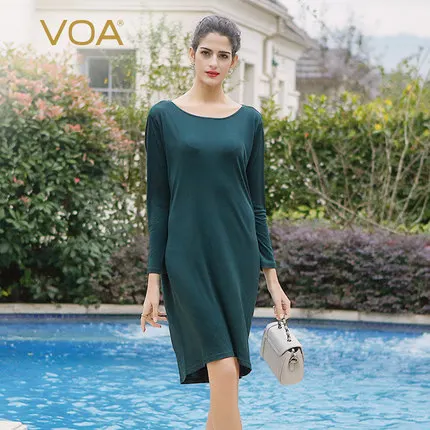 

Voa 2017 Summer Dark Green Silk Knitting Elegant Women Dresses Spring Fashion Long Sleeve O-neck Brief Casual Loose Dress A5237