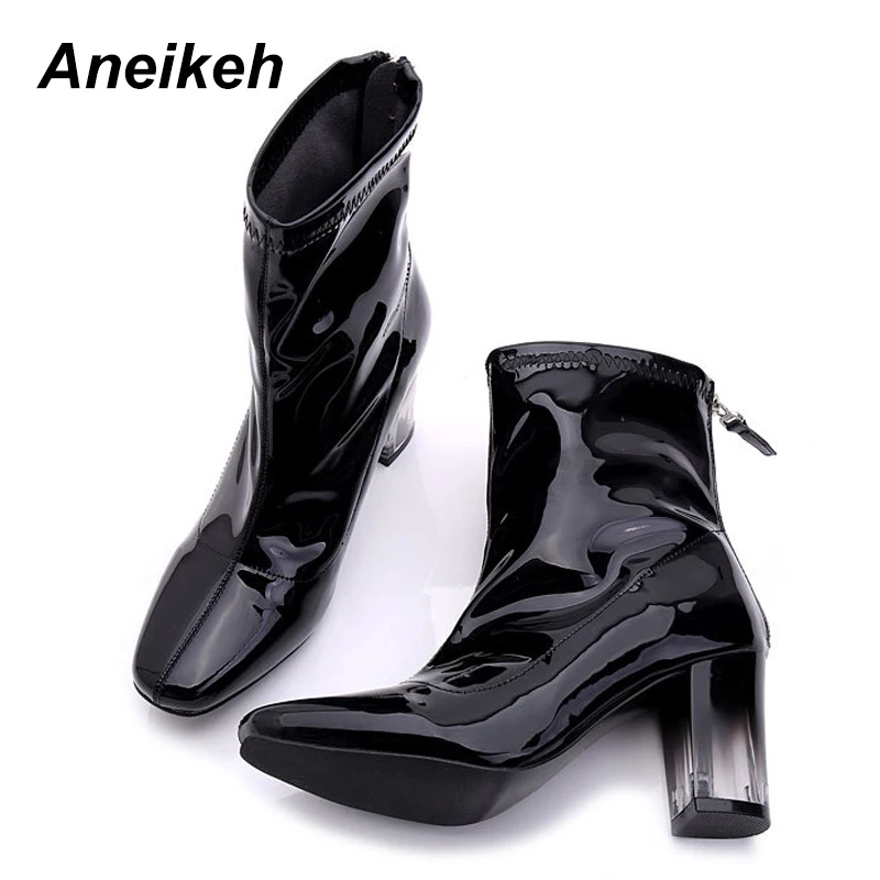 

Aneikeh Transparent Crystal Heel Short Boots Women PVC Leather Fashion High Heel Ankle Riding Boots Square Toe Thick Heel Shoes