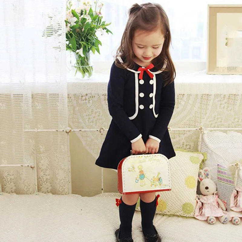 

2017 Baby Girls Long Sleeve Dress For Baby Girls Blue Dress Girls School Uniform Dress With Bowknot Ropa England Style Costumes