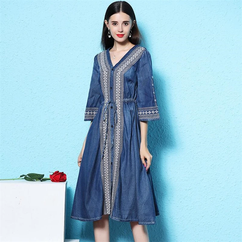 Women Spring autumn embroidered Drawstring slim waist Sexy V-neck Denim Dresses Vintage Jeans Dress Streetwear Plus Size Vestido