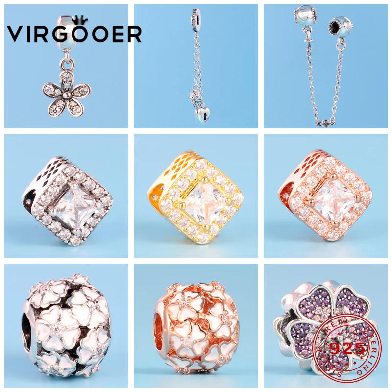 

Virgooer Jewelry 925 Sterling Silver Flower Beads Pendants Safety Chains For Jewelry Making Fit Original Pandora Charm Bracelets