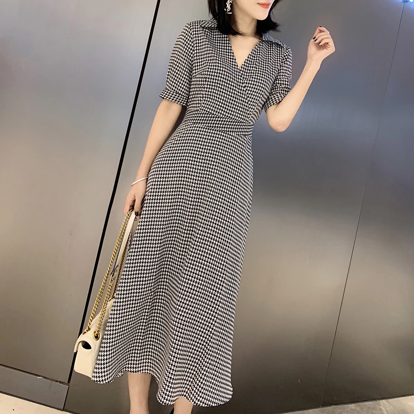 

HIGH QUALITY Newest Fashion 2019 Designer Runway Dress Women's Short Sleeve Shirt V-neck Houndstooth Plaid Mid-calf Long Dress