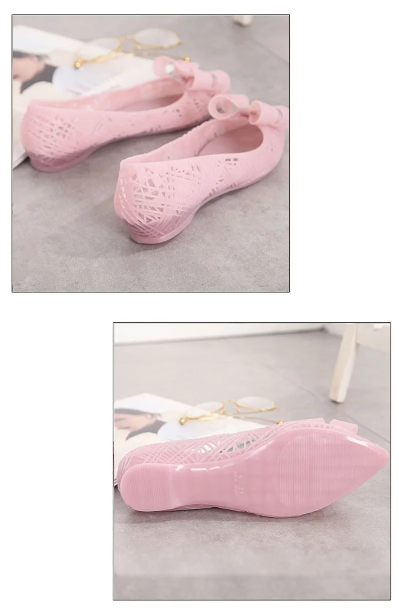 New Women Jelly Shoes Summer Comfortable Flat Beach Sandals  Sweet Bow Quick Dry Hollow Out Waterproof Rain PVC Lady Sandal Shoe (2)