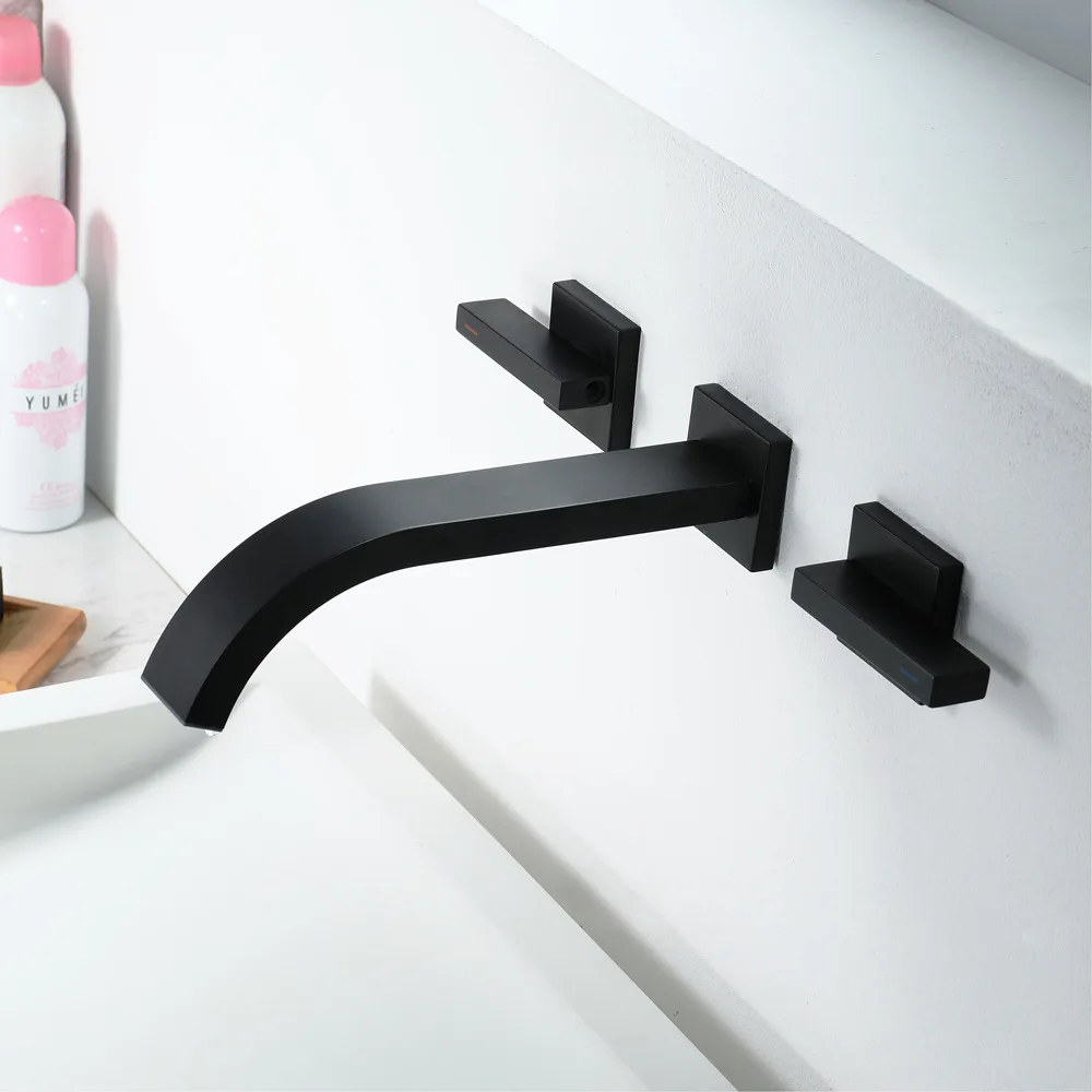 Wall Mounted With Embedded Box Basin Faucets Black Bathroom Sink Taps Chrome Mixer Faucet Brass Double Handles Tap Square